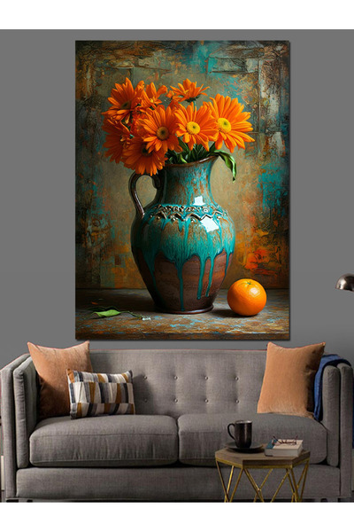 KanvasSepeti Vază din ceramică cu flori portocalii Pictură în ulei Texturată ...
