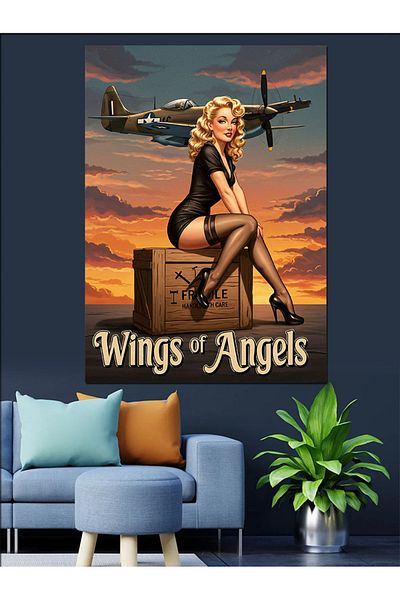 Tablomega "Wings of Angels" and Retro Woman Decorative Canvas - Mdf Wood Painting