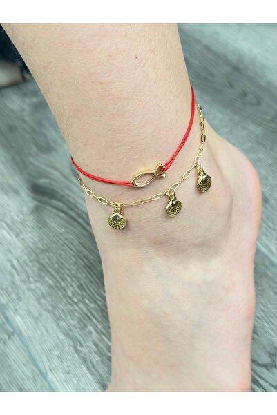 mibrillo Ataç Zirconia Charm and Red Rope Double Anklet Bracelet