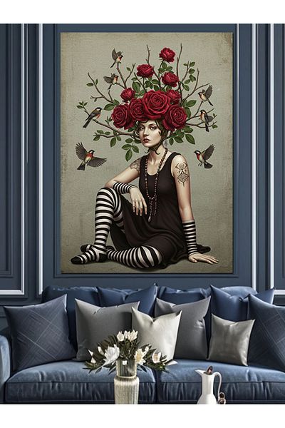 Tablomega Pânză decorativă cu figura de femeie trandafir - Lemn MDF