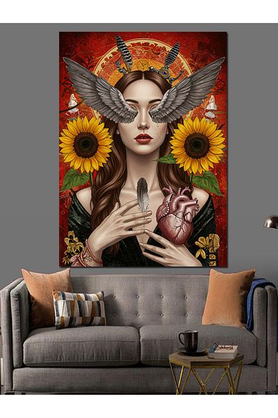 Tablomega Sunflower Woman and Heart Decorative Canvas - Mdf Wooden Painting