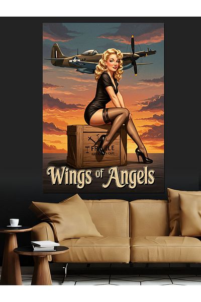 Tablomega "Wings of Angels" and Retro Woman Decorative Canvas - Mdf Wood Painting