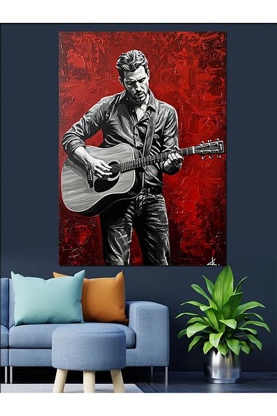 Tablomega Guitarist Decorative Canvas with Red Background - Mdf Wooden Painting
