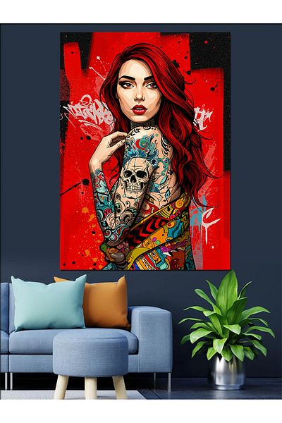 Tablomega Woman Portrait with Skull and Flowers Decorative Canvas - Mdf Wood Painting