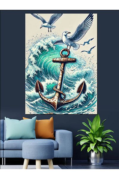 Tablomega Anchor and Sea Wave Decorative Canvas - Mdf Wooden Painting