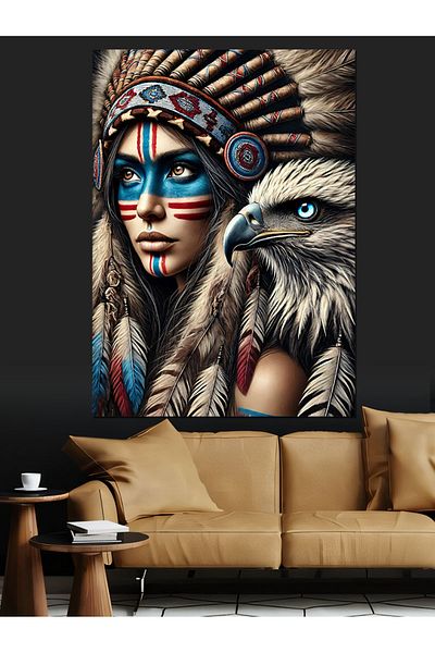 Tablomega Pânză decorativă Native Woman și Şahin - Lemn MDF