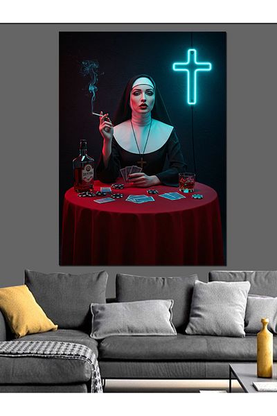 Tablomega Sister Smoking under the Holy Light Decorative Canvas - Mdf Wooden Painting