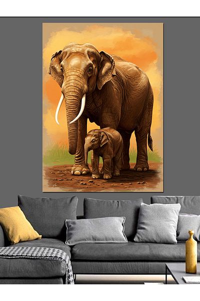 Tablomega Pânză decorativă Mamă Elefant și Bebeluș Elefant - Lemn MDF