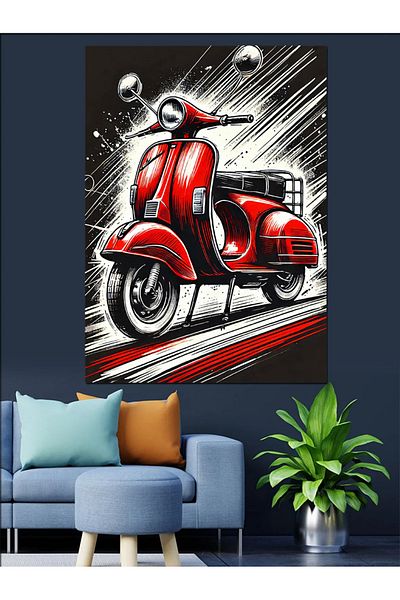 Tablomega Κόκκινη Vespa και Retro Lines Διακοσμητικός Καμβάς - Ξύλινος Πίνακας MDF