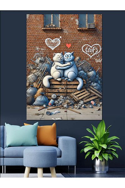 Tablomega Graffiti Cats and Street Love Decorative Canvas - Mdf Wooden Painting
