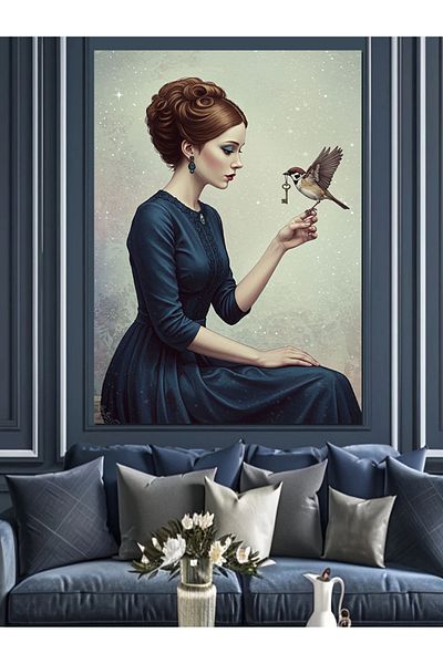 Tablomega Διακοσμητικός καμβάς με πορτρέτο Bird and Elegant Woman - Ξύλινος πίνακας MDF
