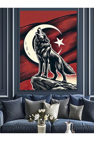 Tablomega Turkish Flag and Wolf Decorative Canvas - Mdf Wooden Painting