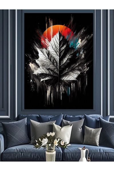 Tablomega Black and White Leaf and Sun Decorative Canvas - Mdf Wooden Painting