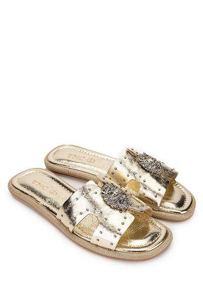 Tamer Tanca Women's Genuine Leather Yellow Flat Slippers