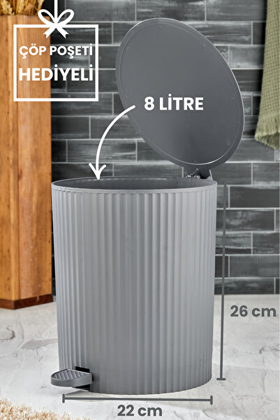 Homie ESTE - Yuvarlak Pedallı Çöp Kovası - Çizgili Kapaklı - Banyo Mutfak