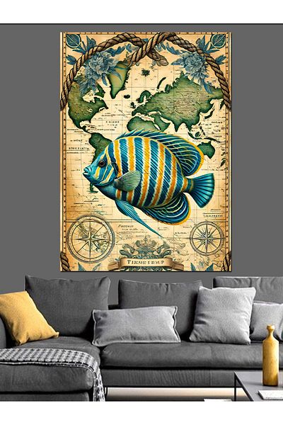 Tablomega Pânză decorativă cu pești tropicali și hartă lumii - pictură din lemn MDF