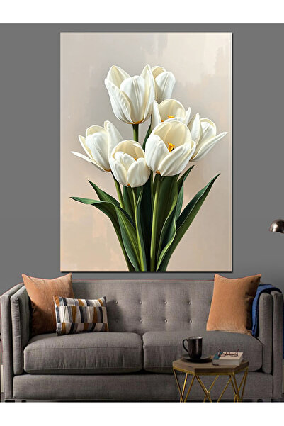 KanvasSepeti Aranjament de flori de lalele albe Pictură în ulei Texturată Pân...