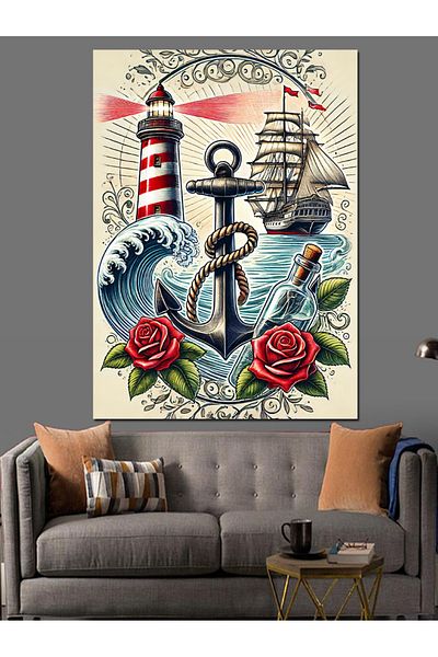 Tablomega Lantern, Ship and Anchor Icon Decorative Canvas - Mdf Wooden Painting