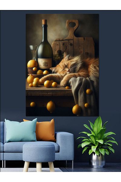 Tablomega Wine, Cheese and Cat Decorative Canvas - Mdf Wooden Painting