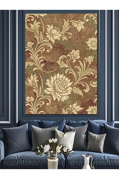 Tablomega Beige Patterned Antique Background Decorative Canvas - Mdf Wooden Table