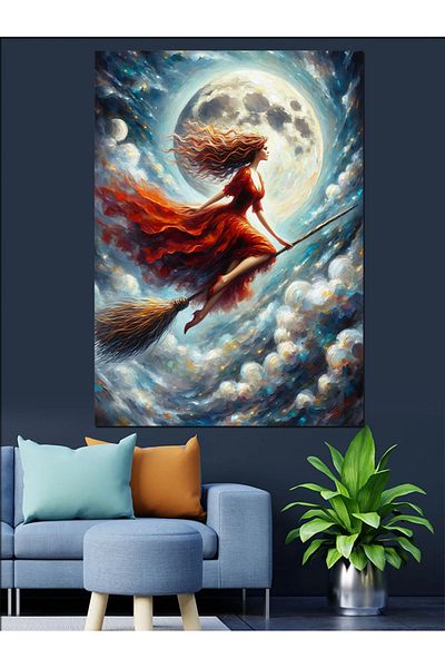 Tablomega Woman in Red Dress on Witch's Broom Decorative Canvas - Mdf Wooden Painting