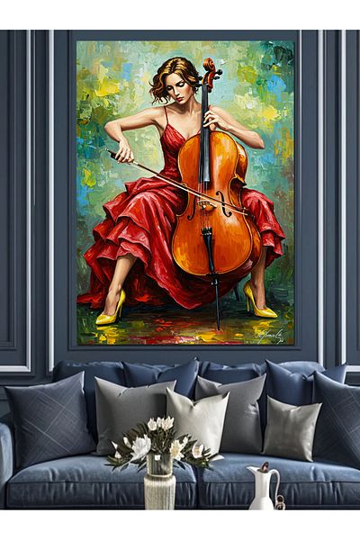 Tablomega Woman Playing Cello and Passion Decorative Canvas - Mdf Wooden Painting