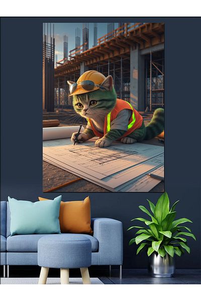 Tablomega Project Drawing Green Engineer Cat Decorative Canvas - Mdf Wooden Painting