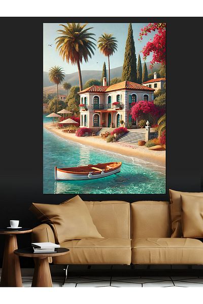 Tablomega Casa Pe Costul Mediteraneanului Pânză Decorativă - Lemn MDF Pictat