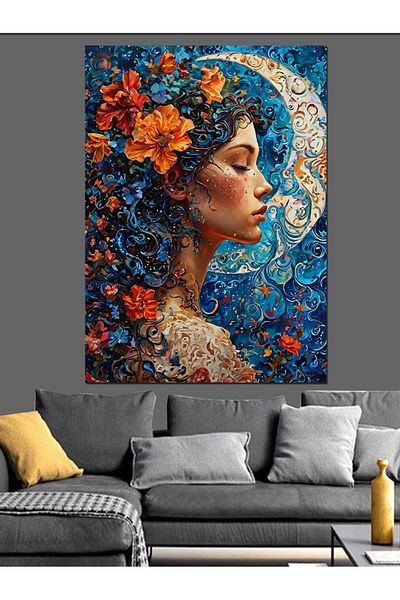 Tablomega Floral Woman and Moon Decorative Canvas - Mdf Wooden Painting