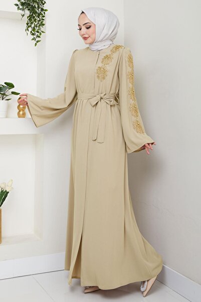 hafsamina Flower Stone Belted Ferace, Beige Hm2713