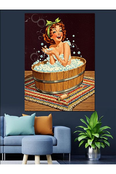 Tablomega Cheerful Woman in the Bathtub Decorative Canvas - Mdf Wooden Painting