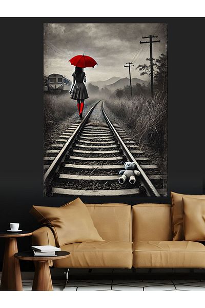 Tablomega Woman with Red Umbrella on Iron Road Decorative Canvas - Mdf Wooden Painting