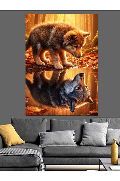 Tablomega Water Facing Baby Wolf and Autumn Decorative Canvas - Mdf Wooden Painting