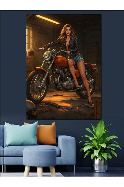 Tablomega Pânză Decorativă Femeie Motocicletă - Lemn MDF