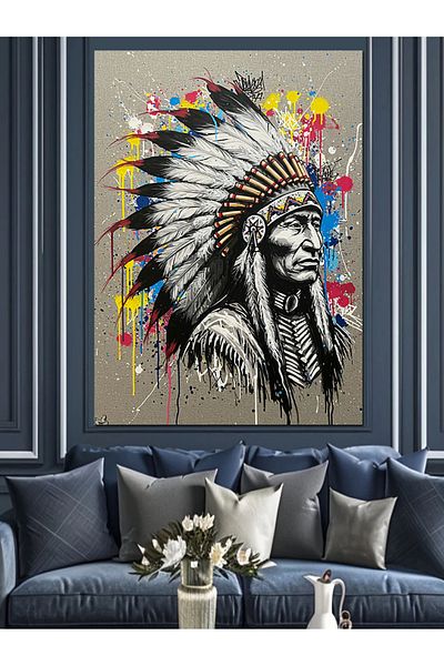 Tablomega Native American Chief and Colorful Paint Effects Decorative Canvas - Mdf Wood Painting