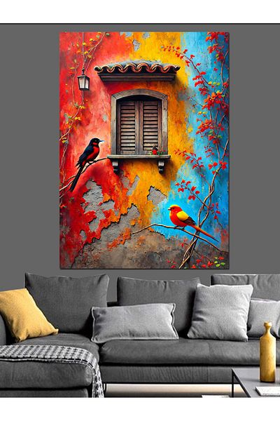 Tablomega Pânză decorativă pentru fereastră cu pasăre colorată - Lemn MDF