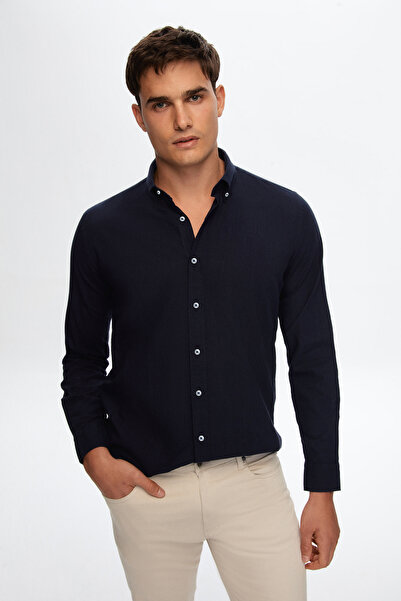 D'S Damat Sötétkék Slim Fit nyári lángos vászon megjelenésű pamut ing - gombos gallérral
