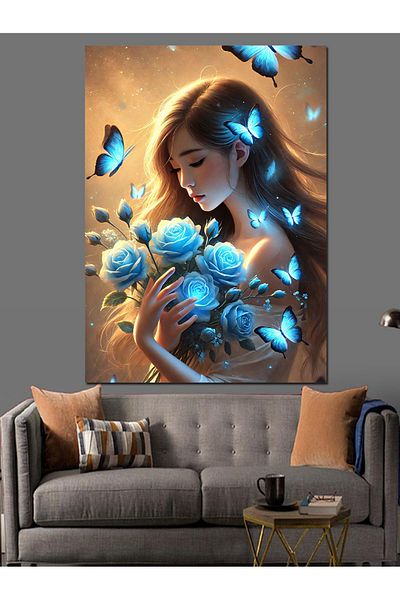Tablomega Woman Decorative Canvas with Blue Roses - Mdf Wooden Painting