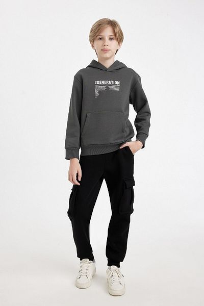 DeFacto Boy's Jogger Sweatpants - Black, Cargo Pocket, Waist Lace, Elastic Leg C7704A824Au