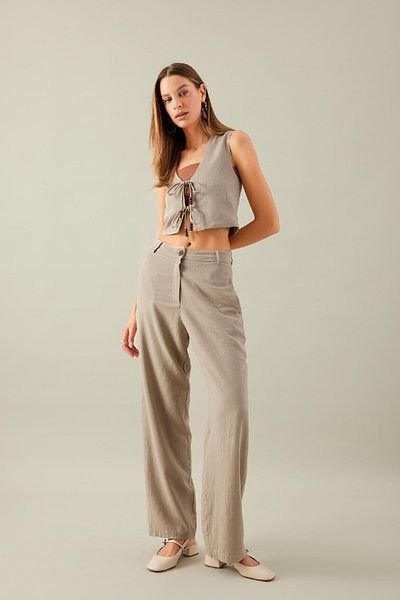DeFacto Straight Fit High Waist Wide Leg Long Length Linen Blended Pants with Pockets C8644Ax24Sm