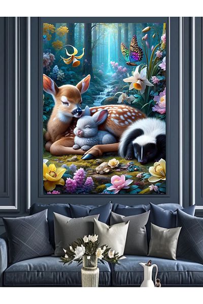 Tablomega Sleeping Baby Animals and Forest Decorative Canvas - Mdf Wooden Painting