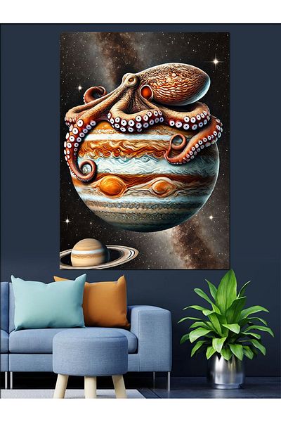 Tablomega Planet and Octopus Drawing Decorative Canvas - Mdf Wooden Painting