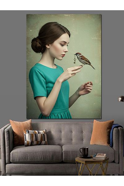 Tablomega Woman Decorative Canvas with Bird Friendship - Mdf Wooden Painting