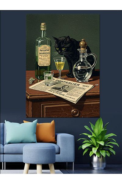 Tablomega Black Cat and Alcohol Table Decorative Canvas - Mdf Wooden Table