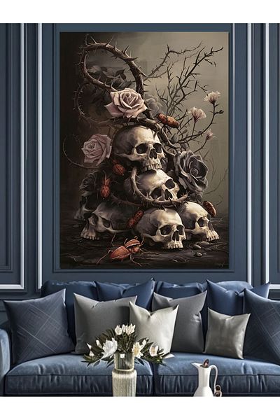 Tablomega Skull and Roses Decorative Canvas - Mdf Wooden Painting