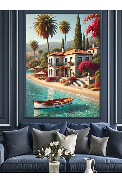 Tablomega Casa Pe Costul Mediteraneanului Pânză Decorativă - Lemn MDF Pictat