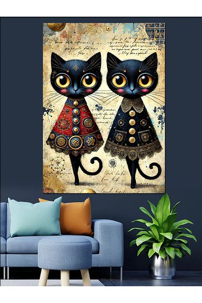 Tablomega Unique Cat Pair Decorative Canvas - Mdf Wooden Painting