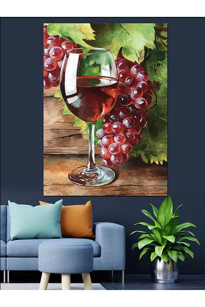 Tablomega Red Wine and Grape Decorative Canvas - Mdf Wooden Painting