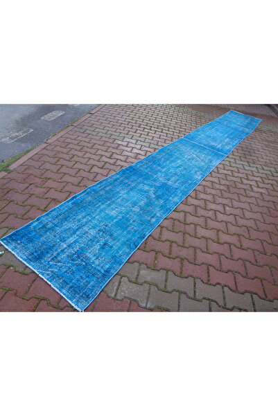 ŞAHMERDANOĞLU Şahmerdanoğlu 80 x 600 Cm El Dokuması Boyama-Vintec, Turkuaz Mavi Yün Yolluk Halı v92