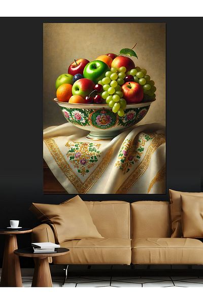 Tablomega Fruit Bowl and Embroidered Tablecloth Decorative Canvas - Mdf Wooden Table